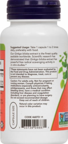 NOW Foods Gingko Biloba Brain Health Dietary Supplement Veg Capsules 60mg Perspective: left