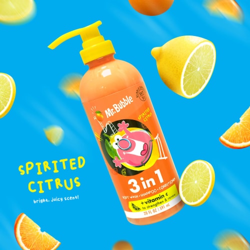 Mr. Bubble Spirited Citrus 3-in-1 Body Wash Shampoo & Conditioner Perspective: left