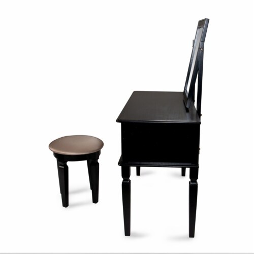 Poundex Wood Vanity Set with Stool and Mirror in Galaxy Black Perspective: left