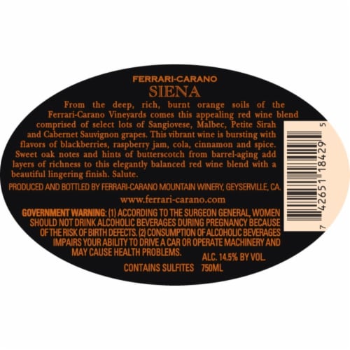 Ferrari Carano Siena Tuscany Sangiovese California Red Wine Perspective: left