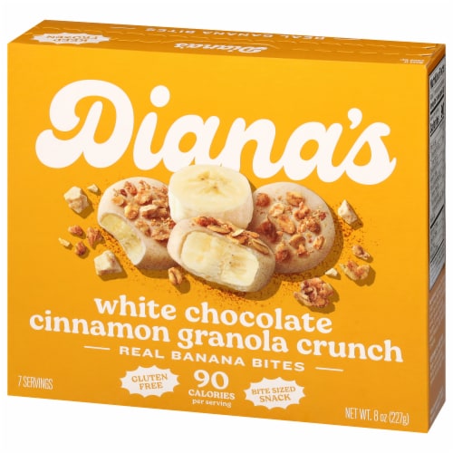 Diana's 100% Gluten Free White Chocolate Cinnamon Granola Crunch Frozen Fresh Fruit Banana Bites Perspective: left