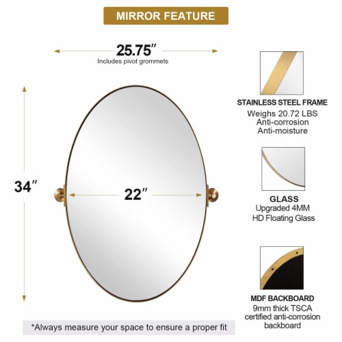 ANDY STAR Modern 22 x 34 Inch Oval Wall Hanging Bathroom Mirror, Brushed Gold Perspective: left
