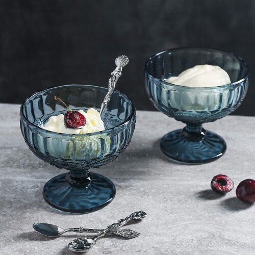 WHOLE HOUSEWARES Green Glass Ice Cream Bowls - Vintage Pressed Pattern, Set of 4 Perspective: left
