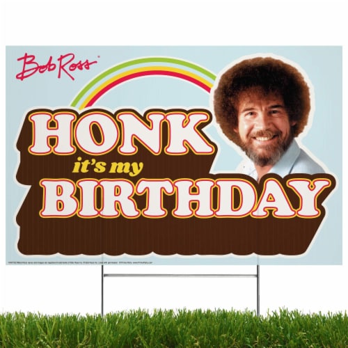 Prime Party Bob Ross Yard Sign with Lawn Stakes, Honk it's my Birthday Perspective: left