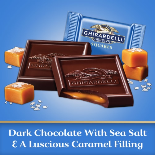 Ghirardelli® Dark Chocolate Sea Salt Caramel Squares Candy Pouch Perspective: left