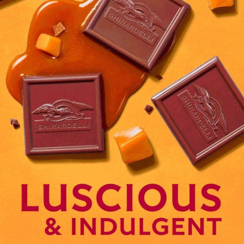 Ghirardelli® Milk Chocolate Caramel Squares Candy Bag Perspective: left