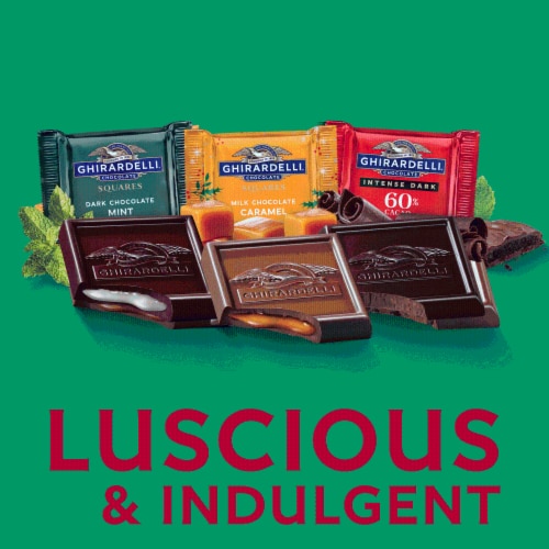 Ghirardelli® Classic Chocolate Assortment Squares Holiday Candy Bag Perspective: left