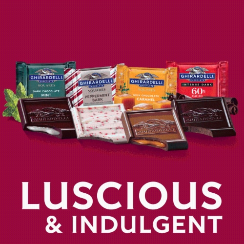 Ghirardelli® Squares Chocolate Assortment Squares Holiday Candy Pouch Perspective: left