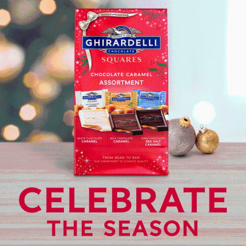 Ghirardelli® Assorted Chocolate Caramel Squares Holiday Candy Bag Perspective: left