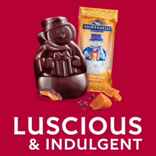 Ghiradelli® Milk Chocolate Caramel Snowmen Holiday Candy Perspective: left