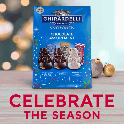 Ghirardelli® Assorted Chocolate Snowmen Holiday Candy Bag Perspective: left