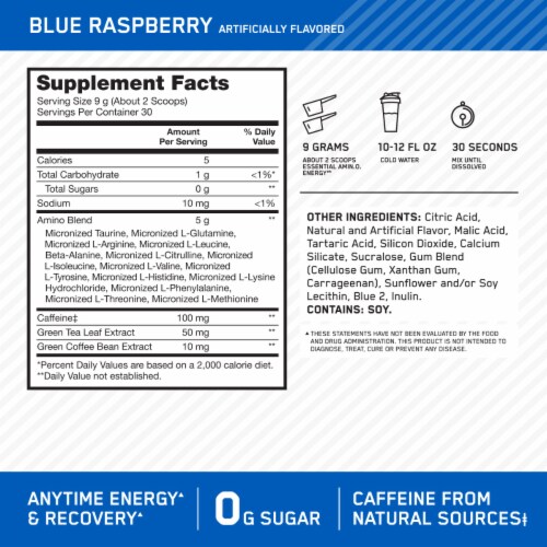 Optimum Nutrition Amino Energy Blue Raspberry Pre Workout Powder Perspective: left