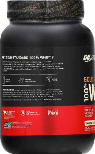 Optimum Nutrition Gold Standard 100% Whey Vanilla Ice Cream Protein Powder Perspective: left