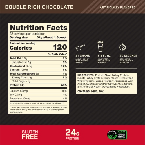 Optimum Nutrition Gold Standard 100% Whey Double Rich Chocolate Protein Powder Perspective: left