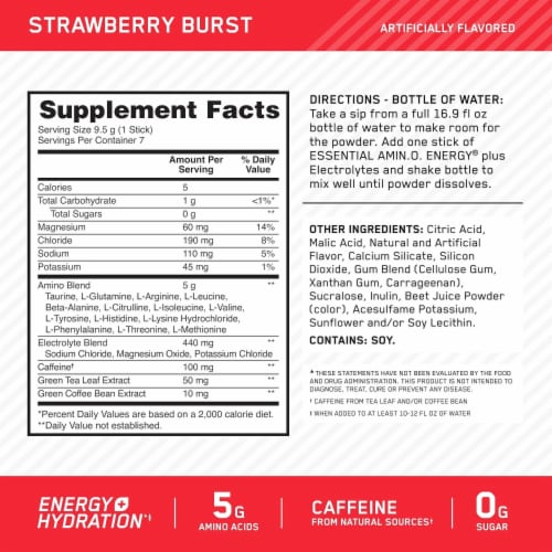 Optimum Nutrition Amino Energy Strawberry Burst Stick Packs Perspective: left