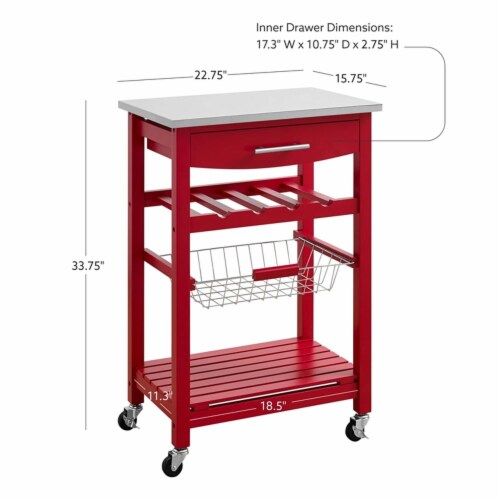 Linon Natalie Wood Stainless Steel Top Kitchen Cart in Red Perspective: left
