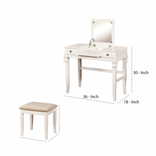 Wooden Vanity Set with Flip Top Mirror and 2 Drawers, White and Beige Perspective: left