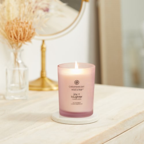 Chesapeake Bay Candle Mind & Body Joy + Laughter Cranberry Dahlia Fragranced Jar Candle Perspective: left