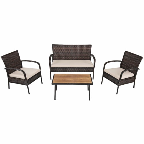 4PCS Rattan Patio Conversation Set Outdoor Furniture Set Cushioned Perspective: left