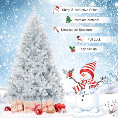 6 FT Silver Tinsel Christmas Tree Artificial Hinged Tree Holiday Decoration Perspective: left