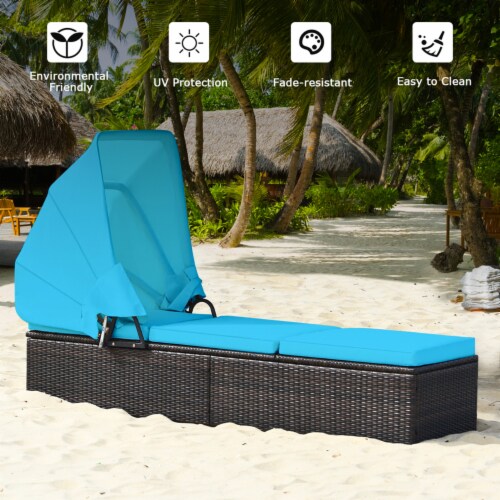2PCS Rattan Patio Chaise Lounge Chair W Adjustable Canopy