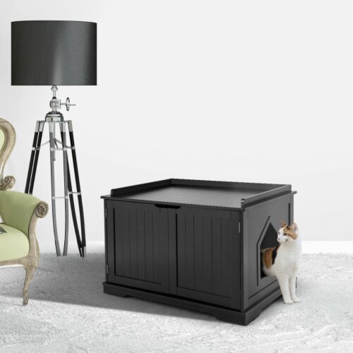 Gymax Cat Litter Box Wooden Enclosure Pet House Sidetable Washroom Storage Bench Black Perspective: left