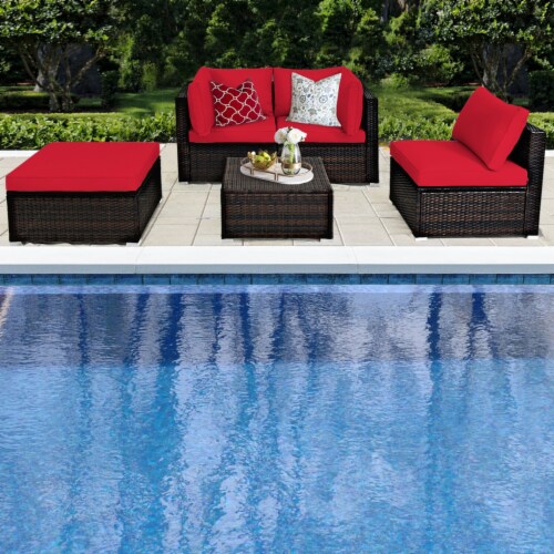 5PCS Rattan Patio Conversation Set Outdoor Furniture Set w Ottoman Red Cushion 1 unit Foods Co