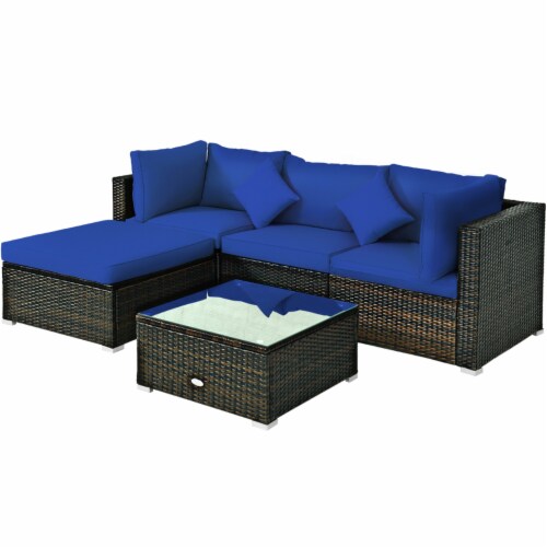 5PC Rattan Patio Conversation Set Outdoor Furniture Set w/ Ottoman Cushion Perspective: left