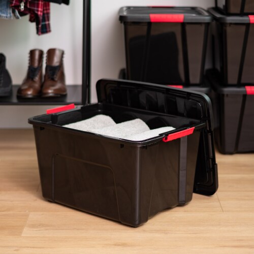 IRIS USA 4 Pack 40qt Plastic Storage Bin with Lid and Secure Latching Buckles, Black Perspective: left