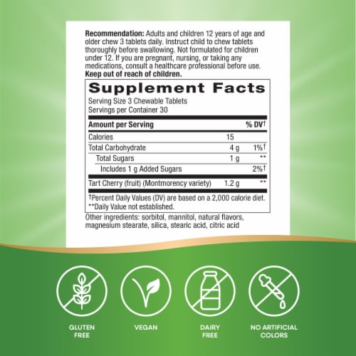 Nature's Way Tart Cherry Ultra Cherry Flavored Chewable Tablets 1200 mg Per 3-Tablet Serving Perspective: left