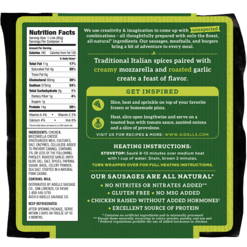 Aidells® Smoked Chicken Sausage Italian Style with Mozzarella Cheese Perspective: left