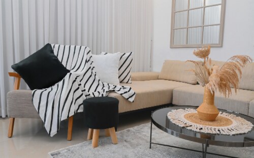 Black and White with Stripes Flannel Throw Blanket and 3 Pillow Cases Perspective: left