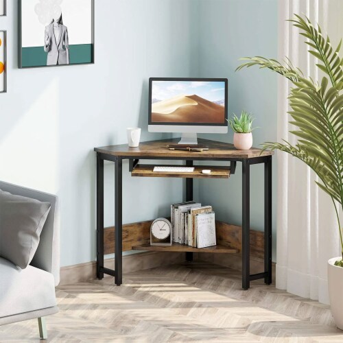 ODK Corner Triangle Computer Desk w/ Storage Space & Keyboard Tray, Rustic Brown Perspective: left
