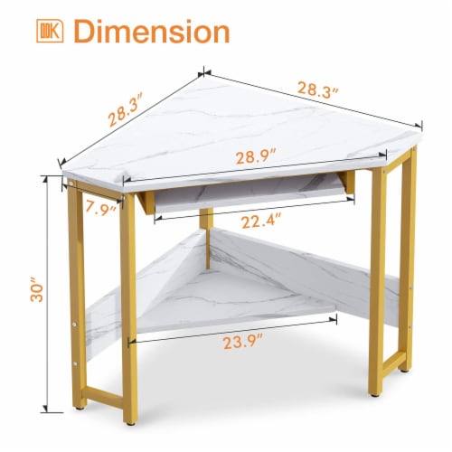 ODK Modern Triangle Corner Computer Desk with Smooth Keyboard Tray, Gold Marble Perspective: left