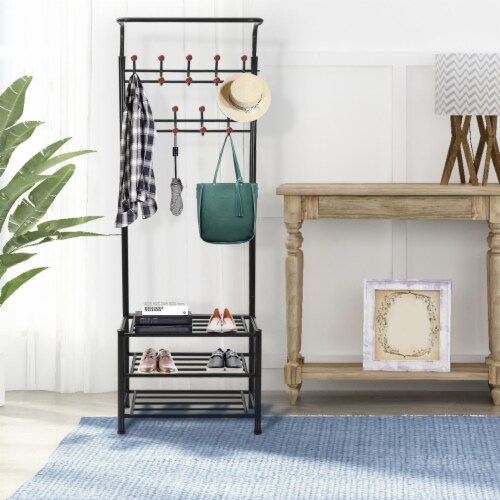 Metal Entryway Coat Shoe Rack Hall Tree With 3 Tier Shoe Bench Shoe Storage 18 Hooks Coat Ha 1 unit Kroger