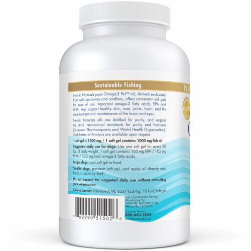 Nordic Naturals Omega-3 Pet Dog Supplement Soft Gels Perspective: left