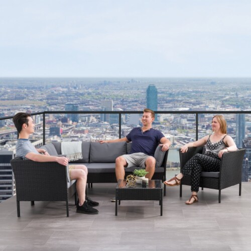 CorLiving 7pc Patio Sectional Set with Chair  - Black with Ash Gray Cushions Perspective: left