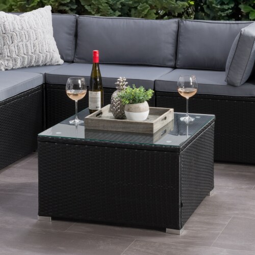 CorLiving Patio Square Glass Top Coffee Table in Blended Grey Perspective: left