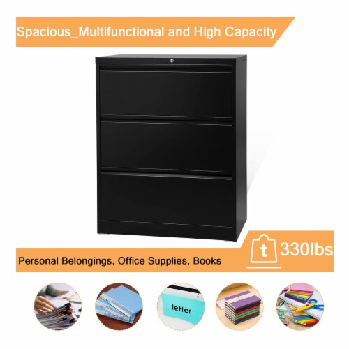 AOBABO 3 Drawer Lateral File Cabinet w/ Lock for Letter/Legal Size Paper, Black Perspective: left