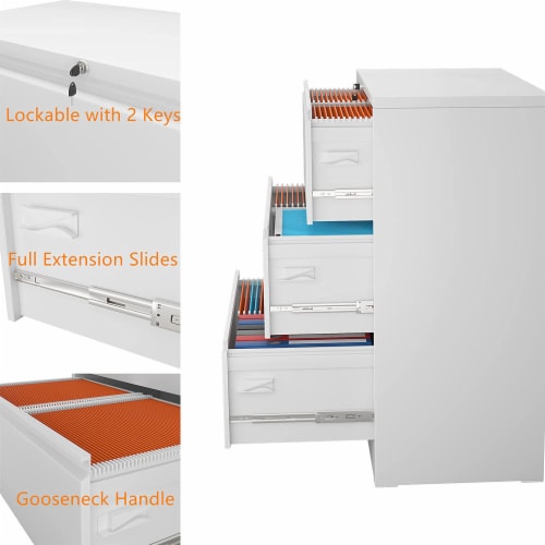 AOBABO 3 Drawer Lateral File Cabinet w/ Lock for Letter/Legal Size Paper, White Perspective: left