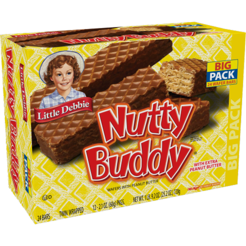 Little Debbie Nutty Buddy Bars, 3 Big Pack Boxes, 72 Twin Wrapped Peanut Butter Wafer Bars Perspective: left