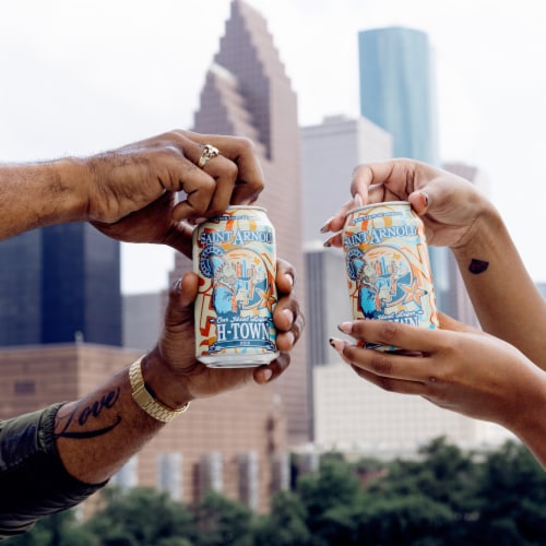 Saint Arnold H-Town Pilsner Craft Beer Perspective: left