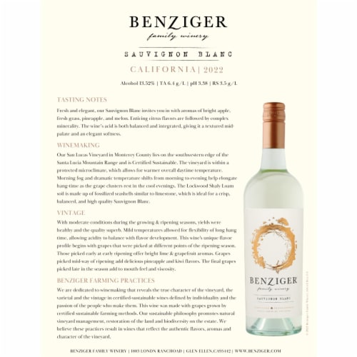 Benziger Family Winery Sauvignon Blanc California White Wine Perspective: left