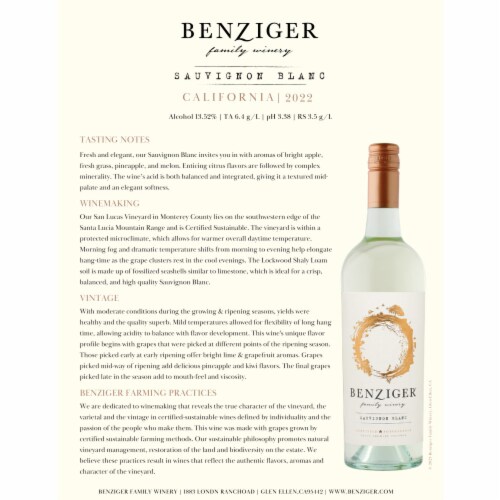 Benziger Family Winery Sauvignon Blanc California White Wine Perspective: left