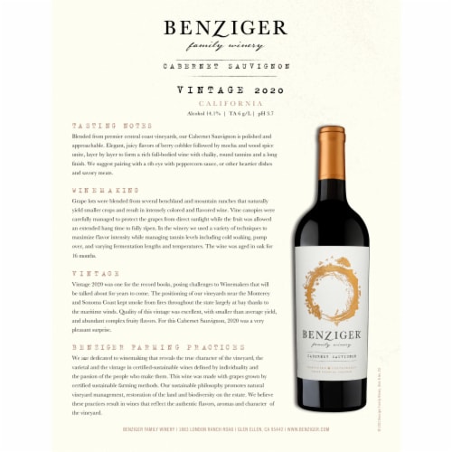 Benziger Family Winery Cabernet Sauvignon California Red Wine Perspective: left