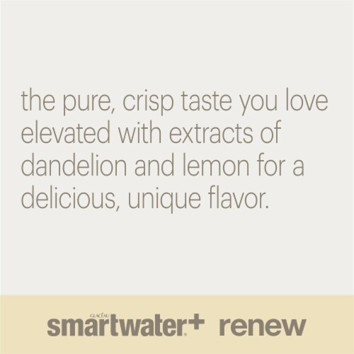 Smartwater+ Renew Vapor Distilled Electrolyte Dandelion Lemon Flavored Bottled Water Perspective: left