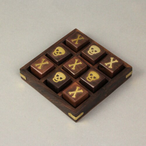Skull and Crossbones 5 inch Square Wooden Mini Tic Tac Toe Game Board Perspective: left