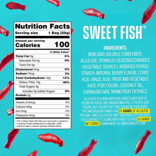 Smart Sweets Sweet Fish Low Sugar Gummy Candy Plant-Based, 1.8oz. (Pack of 1) Perspective: left
