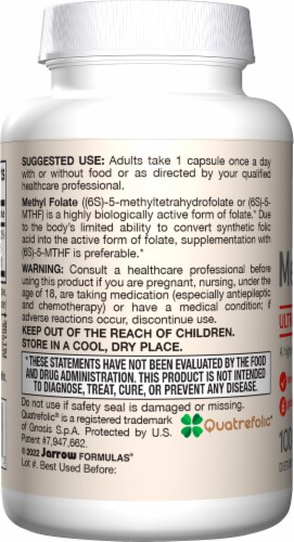 Jarrow Formulas® Methyl Folate Ultra Strength 1000 mcg Dietary Supplement Veggie Capsules Perspective: left