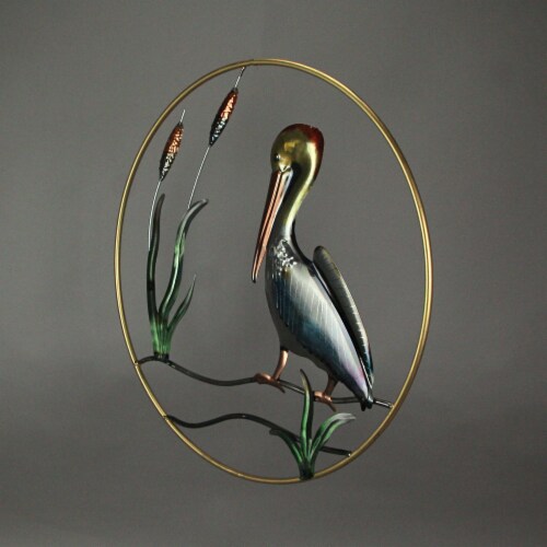 Hand-Painted Metal Pelican Open Work Wall Hanging 24 Inch Diameter Coastal Decor Perspective: left